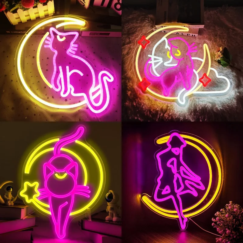 Sailor Moon Cat Neon Sign Anime Cosplay Light Custom Kawaii Neon Light Sign Room Wall Decoration Moon Night Light Birthday Gift