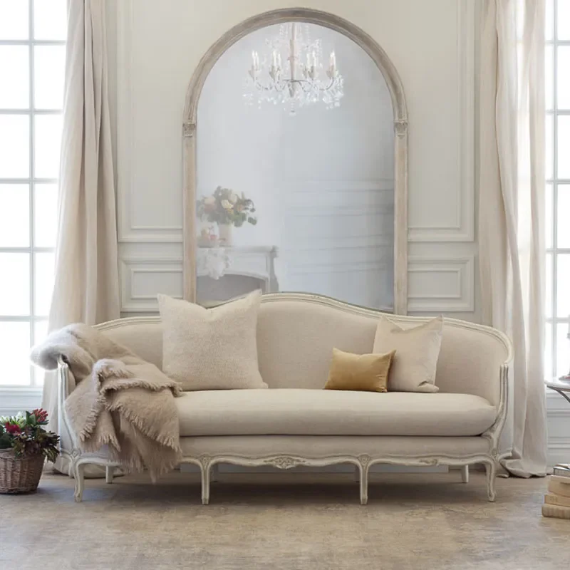French Country Solid Wood Carved Floral 3 Seater Fabric Sofa High End Retro Style Large Apartment Living Room Furniture