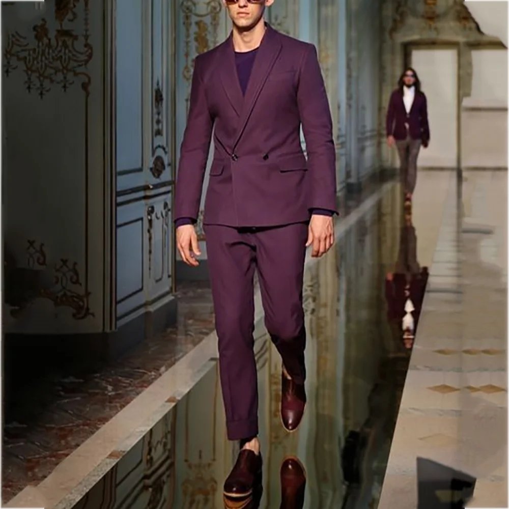 

Peaked Lapel Suit Set Two Piece Slim Fitted Classic Double Breasted Jacket Pants Model Show Business Casual Male Clothing