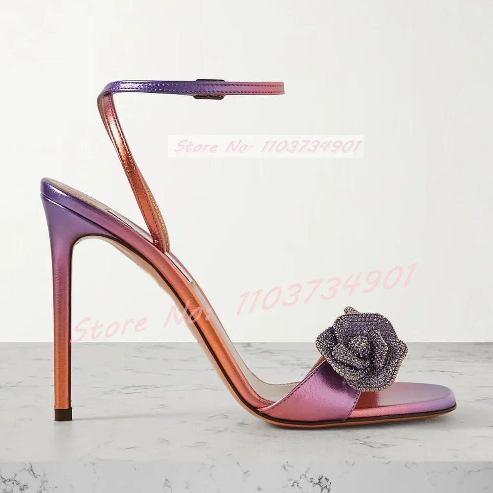 Crystals Floral Mirrored Sandals Women Fashion Round Toe Ankle Strap Stiletto Heeled Shoes Lady Sexy Chic Nifty Elegant Sandals
