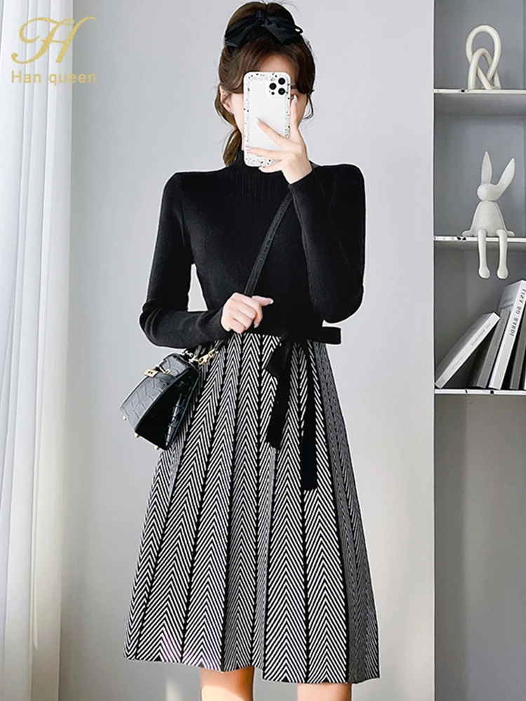 H Han Queen Hot Sale Casual Pullover Sweater Pleated Vestidos Elegant Simple Office Dress Women's Color Matching A-Line Dresses