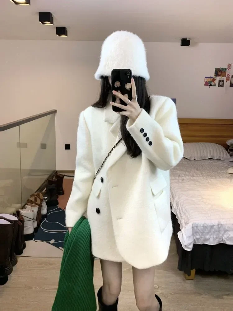 UNXX Winter New Wool Blazers Suit Collar Loose Long Sleeve White Coats Thickend Korean Fashion Button Cardigans Women Clothing