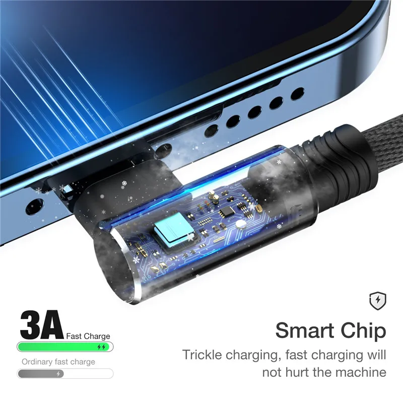 90 Degree USB Cable For iPhone 11 12 13 14 Pro X XR Max SE 6s 7 8 Plus Mobile Phone Lead 3m Fast Charging Cord Data Charger Wire
