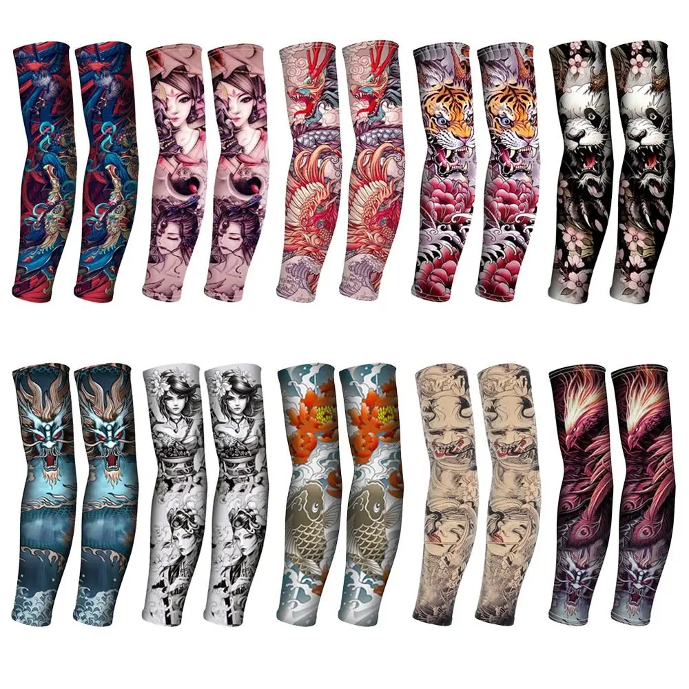 1Pair Tattood Ice Sleeve Flower Arm Seamless Ice Silk Sunscreen Sleeve Sleeve Arm Cover Riding Outdoor Arm Protection Men Women