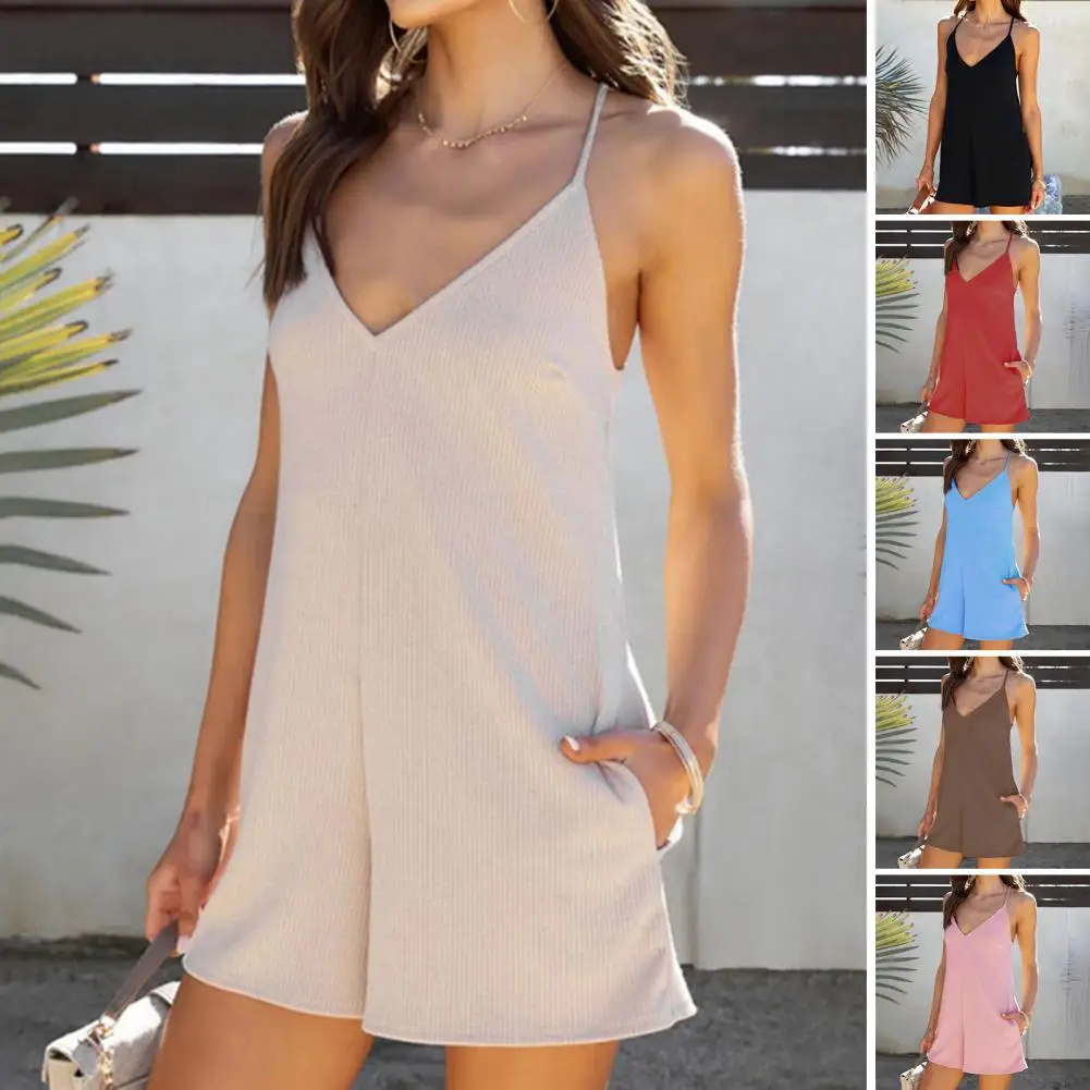 Romper Wanita leher V, baju monyet musim panas tanpa lengan warna Solid satu potong selempang Playsuit kasual gaya