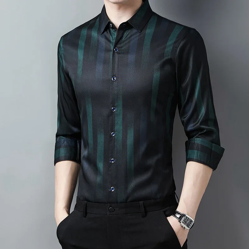 New Men\'s Casual Printed Long Sleeved Lapel Shirt for Spring and Autumn Fashion Comfortable Wrinkle Free Top Without Ironing