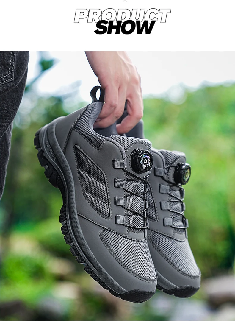 

Comfortable Non-slip Sporty Plus Size Men Shoes Leather Male Sneakers Stylish Rotating Buckle Hiking Boots Solid Color