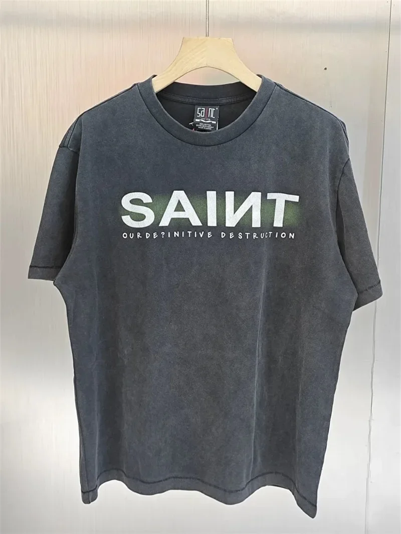 

25ss Letters Logo Print Saint Michael Oversized T Shirt Men Women Casual Pure Cotton Washed black T-Shirts