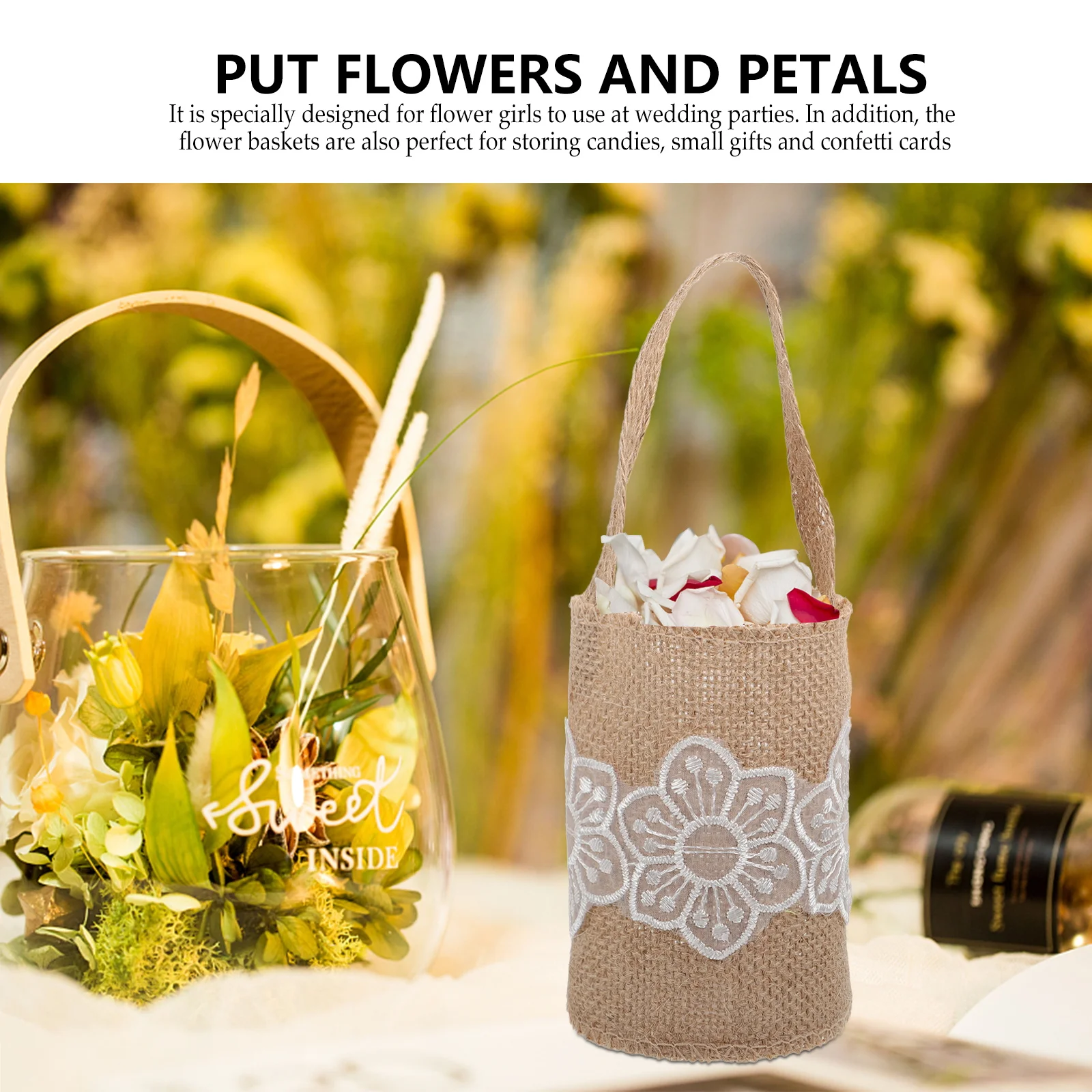 

2pcs Flower Girl Basket Wedding Rustic Burlap Baskets For Ceremony Confetti Candy Storage With Satin Ribbons Elegant Bridal