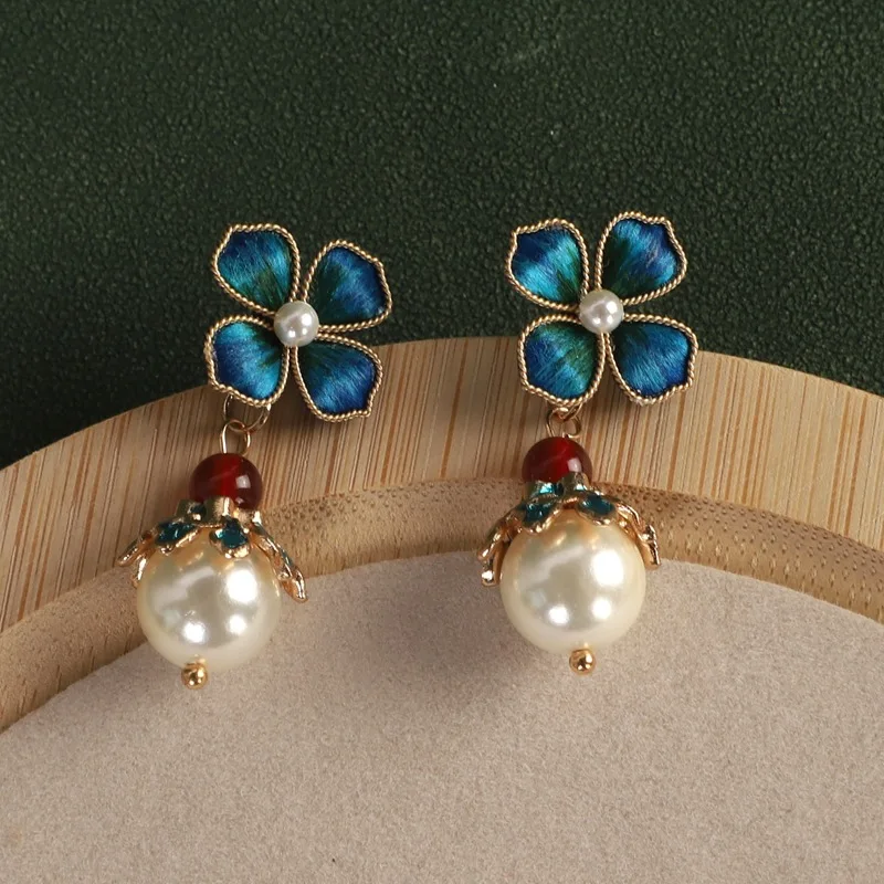 

Chinese style intangible cultural heritage handmade silk velvet flower pearl women's earrings classical jewelry gift