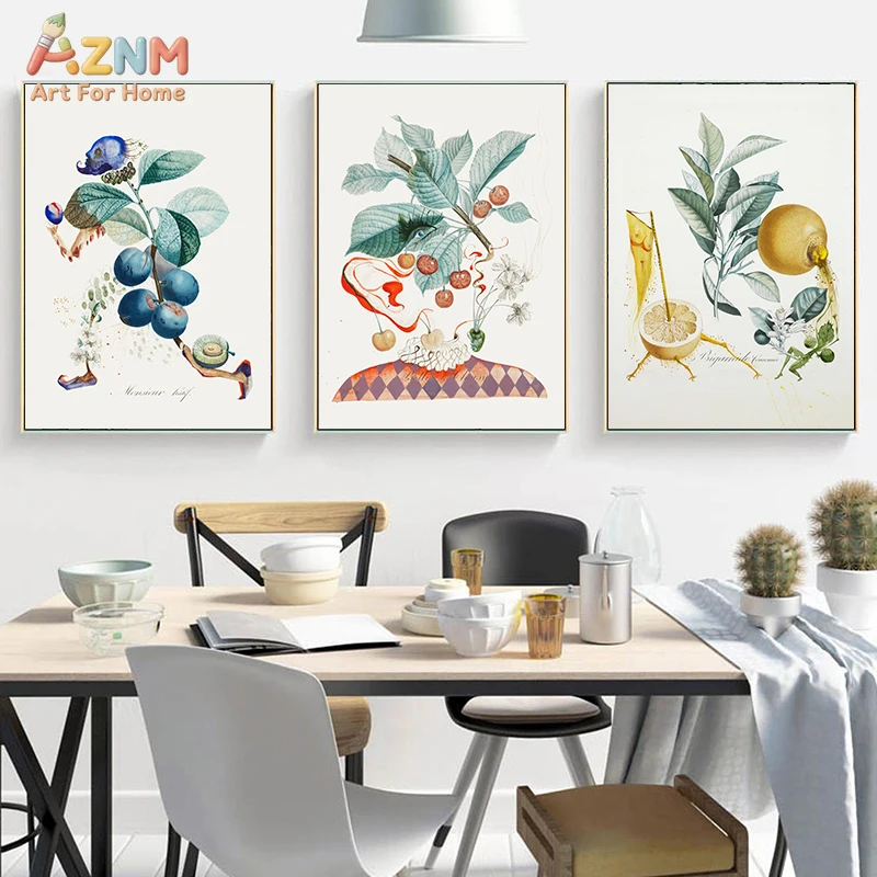 AZNM Surreal Botanical Fruit Figure Canvas Wall Art, Vintage Watercolor Lemon Cherry Blueberry Abstract Art Painting, Kitchen Ho