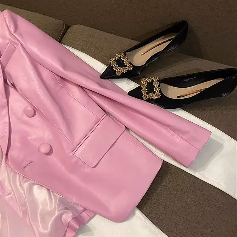 Women\'s Short Pink Jacket, PU Artificial Leather Blazer, Long Sleeve, Slim, Luxury Jackets, Female Coat, Street Fashion, Autumn