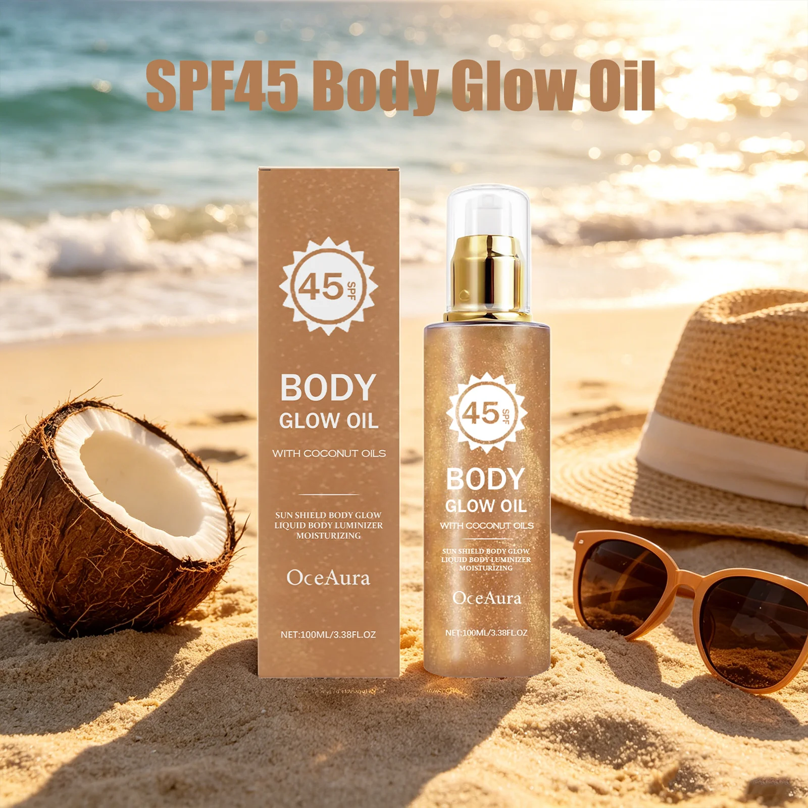 OceAura Body Glow Oil Coconut Oil SPF45 Long-Lasting Sun Protection Water Resistant Infused Moisturizing Shimmer Body Essence