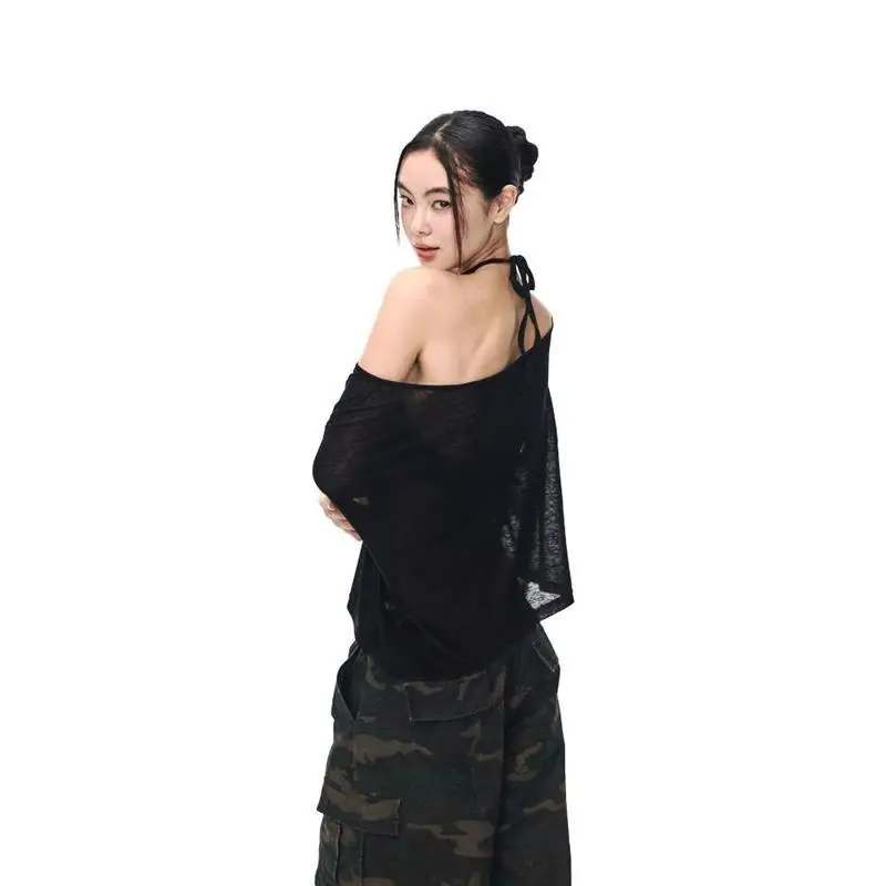 American Black Short Sleeved T-shirt Women Summer Loose Thin Sunscreen Cover Spicy Girl Micro Transparent Sexy Top