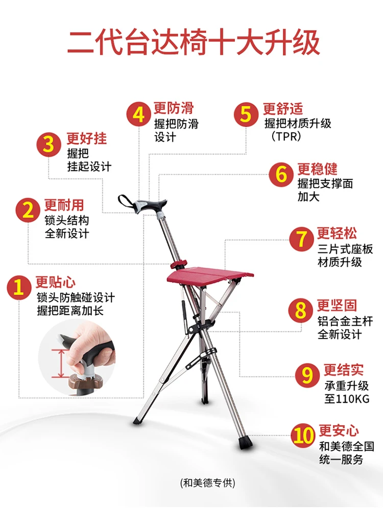 High Quality Aluminum Alloy Foldable Walking Cane Stick With Seat Adjustable Elderly Crutch Chair With Stool