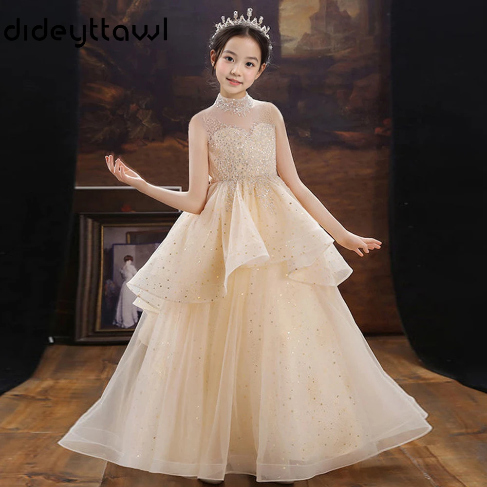 Customized Girls High Neck Sheer Mesh Sleeveless Sequin Beaded Bodice Layered Tulle Skirt Heart Cutout Back Floor