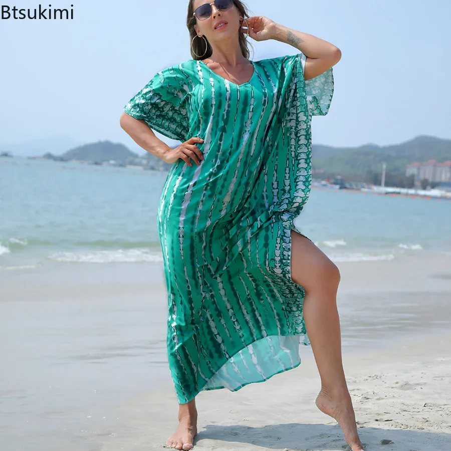 

New Women Floral Print Long Caftan Side Split Beach Tunic Dress Oversized Loose Maxi Kaftan Drawstring Waist Bikini Swimsuit Up