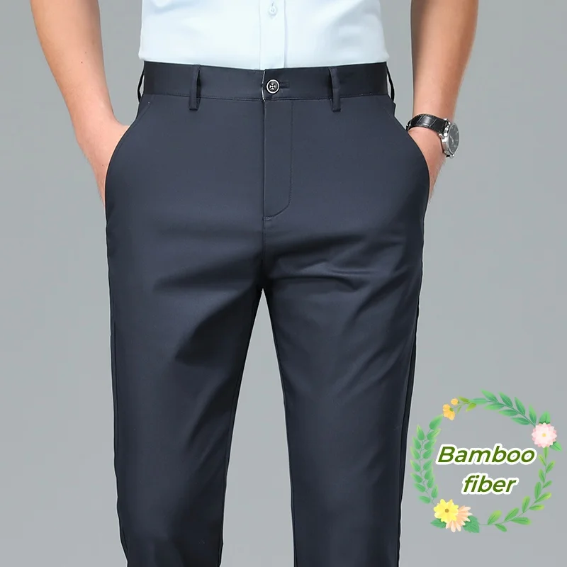 Bamboo Fiber Luxury Straight Pants Men Spring Summer New Business Breathable Casual Long Formal Suit Trouser Male