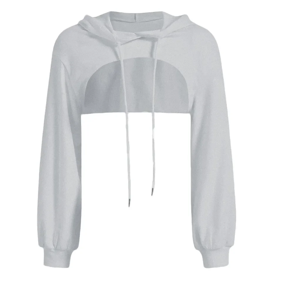Women's Cropped Hooded Sweatshirt Solid Color Long Sleeve Front Hollow Out Short Hoodies Sweater Spring Autumn Streetwear