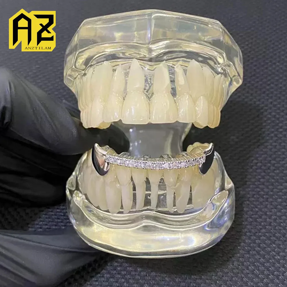 Anztilam One Row Iced Out Grillz Full Zircon Teeth Shine Grills Men Women Hip Hop Tooth Grills Caps Brass Fashion Jewelry