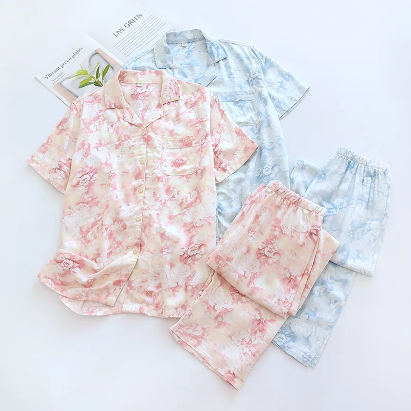 2024 Summer New Women\'s Pajama Set with Viscous Fiber Gongsatin Flower Printed Short Sleeve Long Pants Two piece Home Fury Set