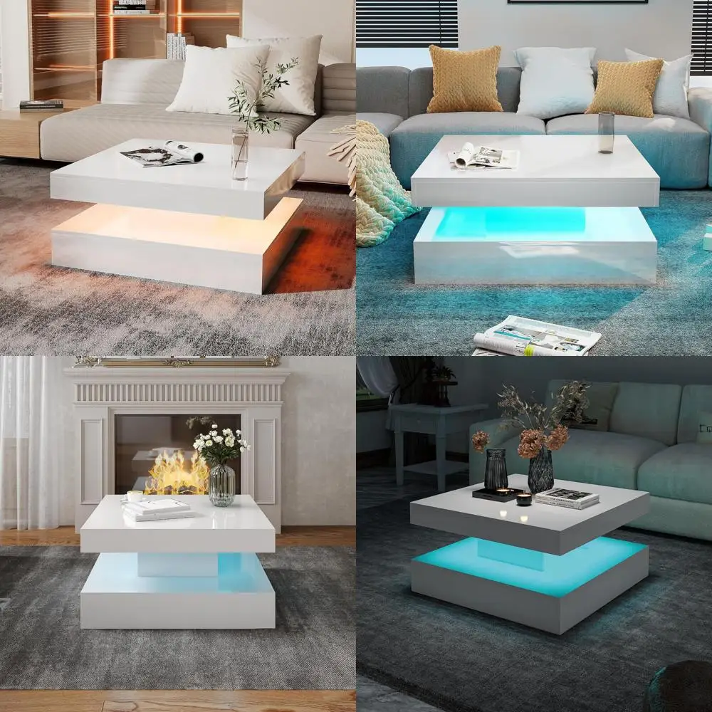 

Modern 2-Tier Square LED Coffee Table for Living Room, High Glossy Contemporary Wood Center Table with Sleek Design