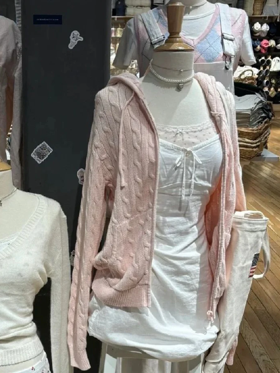 Cardigan à Fleurs Torsadées pour Femme, Pull à Manches sulf, avec Cordon de Proximité, à Capuche, Fermeture Éclair, Streetwear, Doux, Manteau, Haut Y2K, Automne