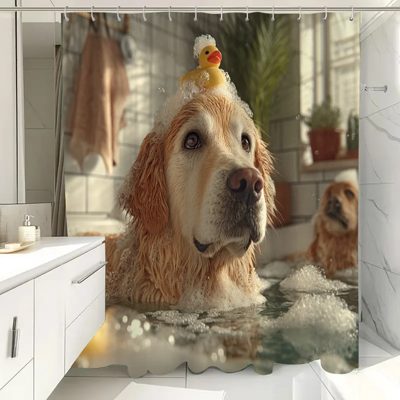 Funny Dog Bath Scene Shower Curtain Cute Golden Retriever Puppy Bubble Bathroom Decor Waterproof Shower Curtain