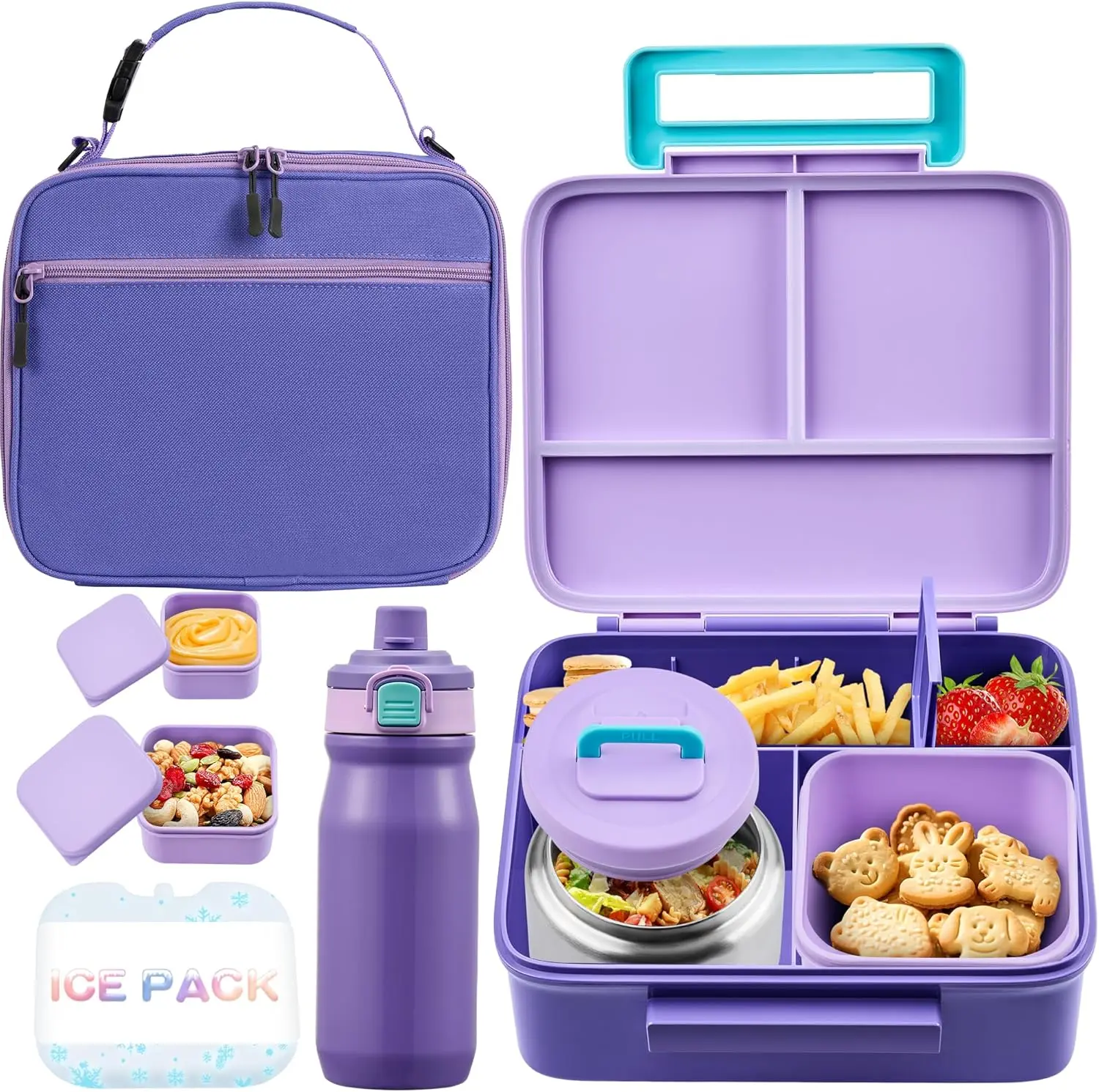 

Kids Bento Lunch Box with Thermos, Leakproof 4-Compartment, Insulated Bottle & Bag, BPA Free, Dishwasher Safe (Purple)