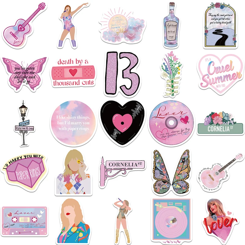 50PCS Taylor Swift Originality Stickers Cartoon Album Figure Image Water Cup Suitcase Guitar Theme Party Decoration Sticker