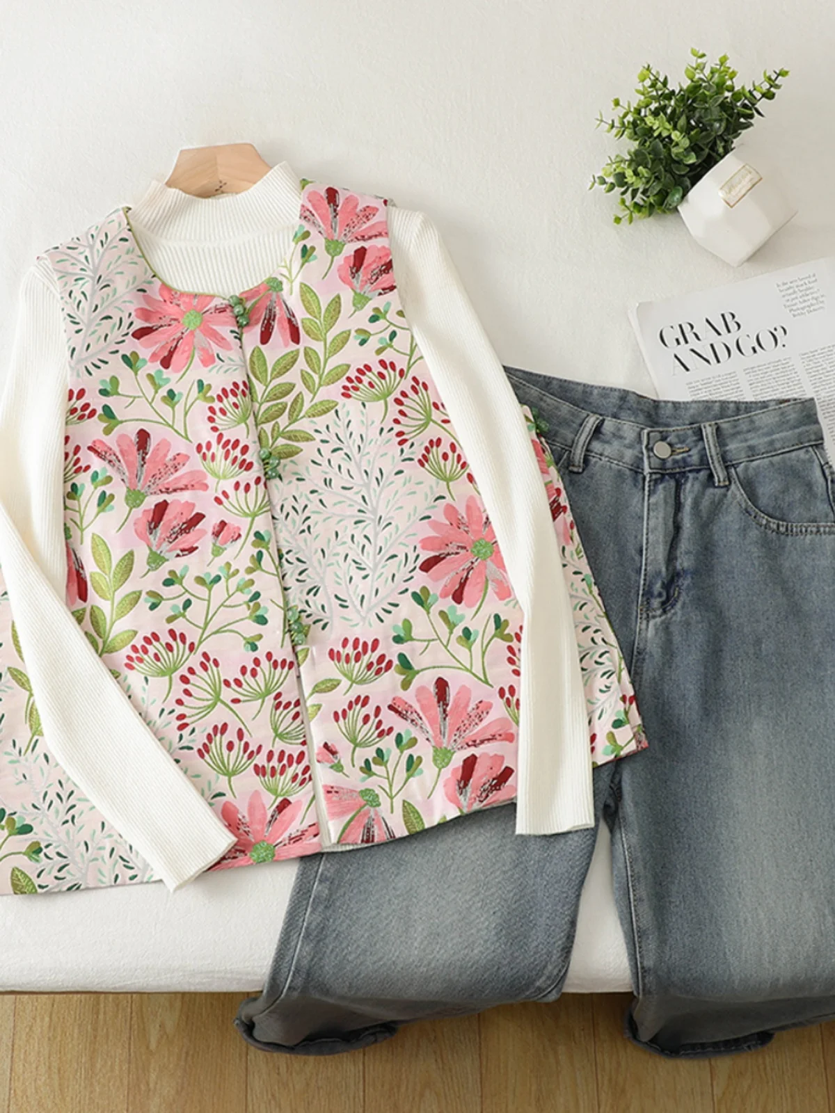 

New Chinese Sle Loose Fit Heavy Embroidery Women's Vest Outerwear Spring Autumn Faion Slimming Retro round Ne Top