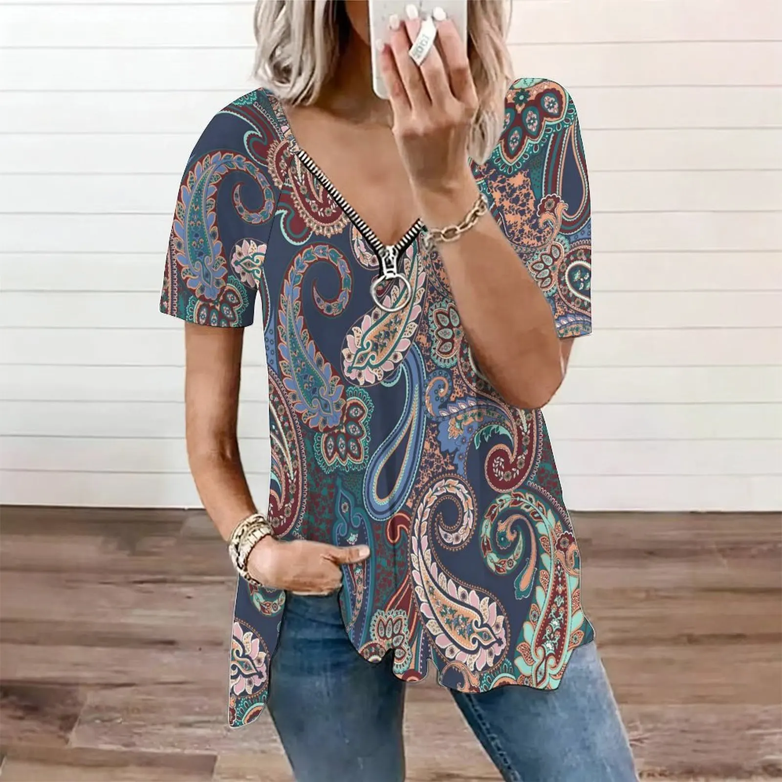 Boho Purple Blue Paisley Floral Print Women Zip Front V Neck Flowy Irregular Hem Blouse Tunic
