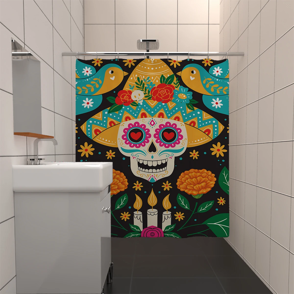 1PC Mexican Day of The Dead Shower Curtain with 12 Hooks 71x71 In Bathroom Decor for Hotel and Home Machine Washable