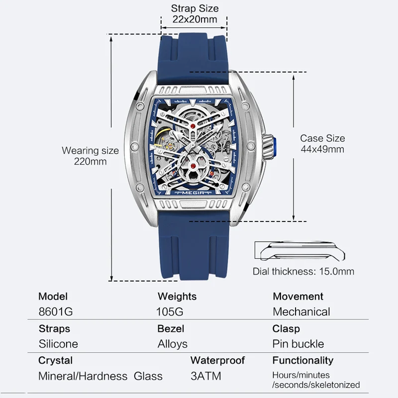 MEGIR 남성용 기계식 아날로그 손목시계, 방수 토노 다이얼 실리콘 밴드, 스포츠 자동 시계, 럭셔리 패션, 신제품