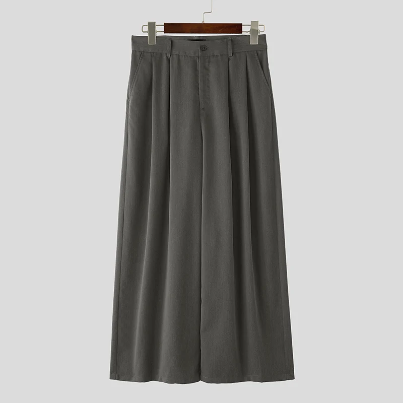 

INCERUN Men Pants Solid Color Button Joggers Pleated Casual Wide Leg Trousers Men Streetwear Loose 2025 Fashion Male Long Pants