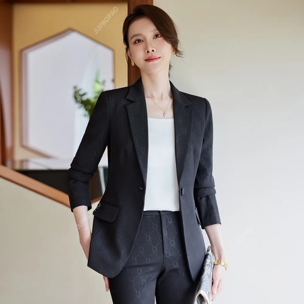 Women's Plaid Single Button Slim Fit Formal Suit, Professional Jacket, Flared Pants Set, Work Clothes, Autumn, Winter, 2 Pcs