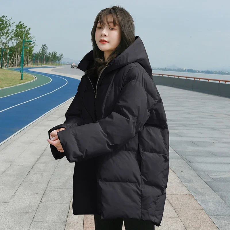 Winter New Style Puffer Jackets Women White Zipper Long Down Jacket Woman Korean Loose Hooded Bubble Coats Female