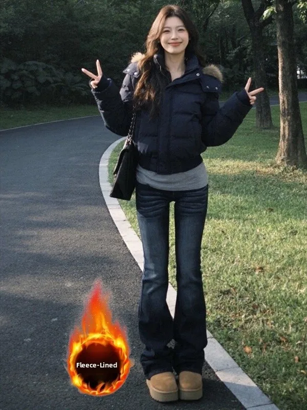 Thiened Fce Lined Bell Bot Jeans Women's Winter Sli Slimming Bootcut Denim Pants Low Waist Vintage Sle Jeans