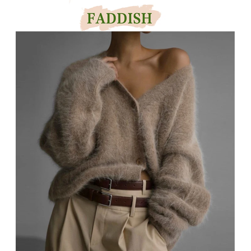 FADDISH New Women Fashion Faux Mink Hair Loose V Neck Cardigan Sweaters Female 2024 Antumn Winter Casual Solid Button Coats