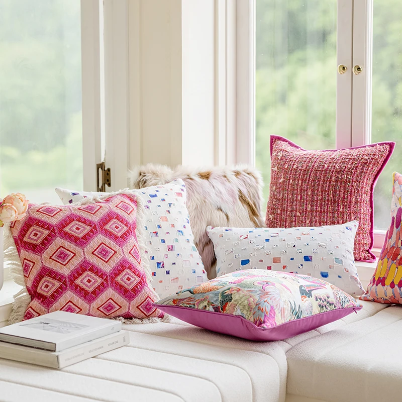 Pink Boho Retro Cushion Covers Diamond Parrots Feathers Throw Pillow Case 45x45cm For Home Sofa Bed Living Room Decorative