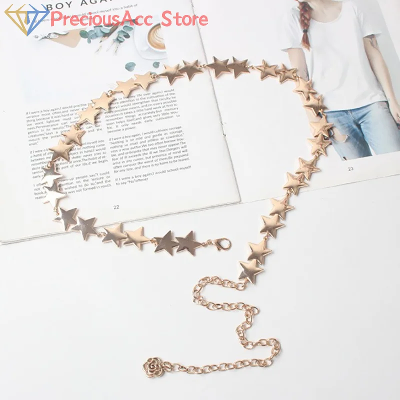 Vintage Women Waist Belt Female Metal Star Pentagram Chain Belt Tassel Waist Chain Belt Women Decorative Body Jewelry
