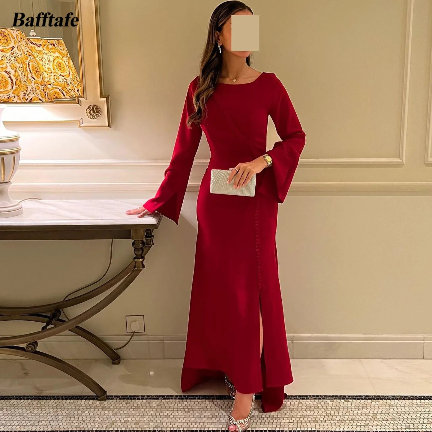 

Bafftafe Mermaid Saudi Arabia Evening Dresses Burgundy Matte Satin Long Sleeves Scoop Buttons Women Formal Party Evening Gowns