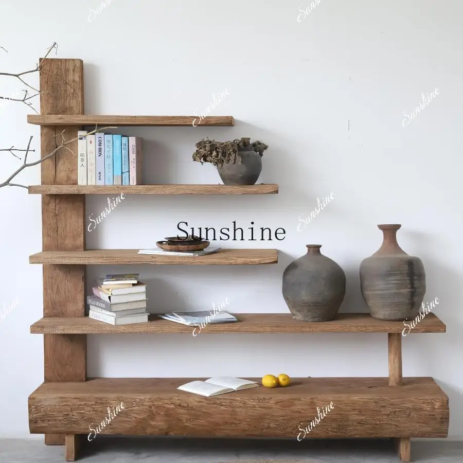 Wabi Sandy Wind Old Wood Weathered Bookshelf Against the Wall All Solid Wood Bogu Display Cabinet  FT