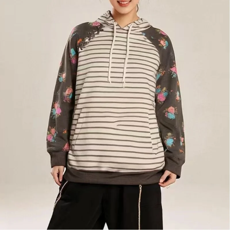 

Женский пуловер, толстовка с капюшоном в полоску, универсальный свободный винтажный плюс тонкий бархатный топ с длинными рукавами на весну и осень