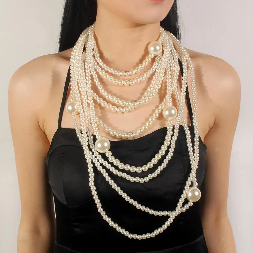 

New Multi-layer Simulated Pearls Chain Long Necklace Trendy Statement Choker Necklace for women Fashion Jewelry