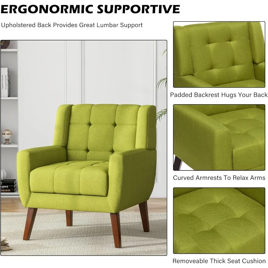 كرسي مميز كرسي بذراعين منجد حديث مصنوع من القماش لغرفة المعيشة كرسي مريح مقعد أريكة فردي مع أرجل خشبية صلبة Gree #5