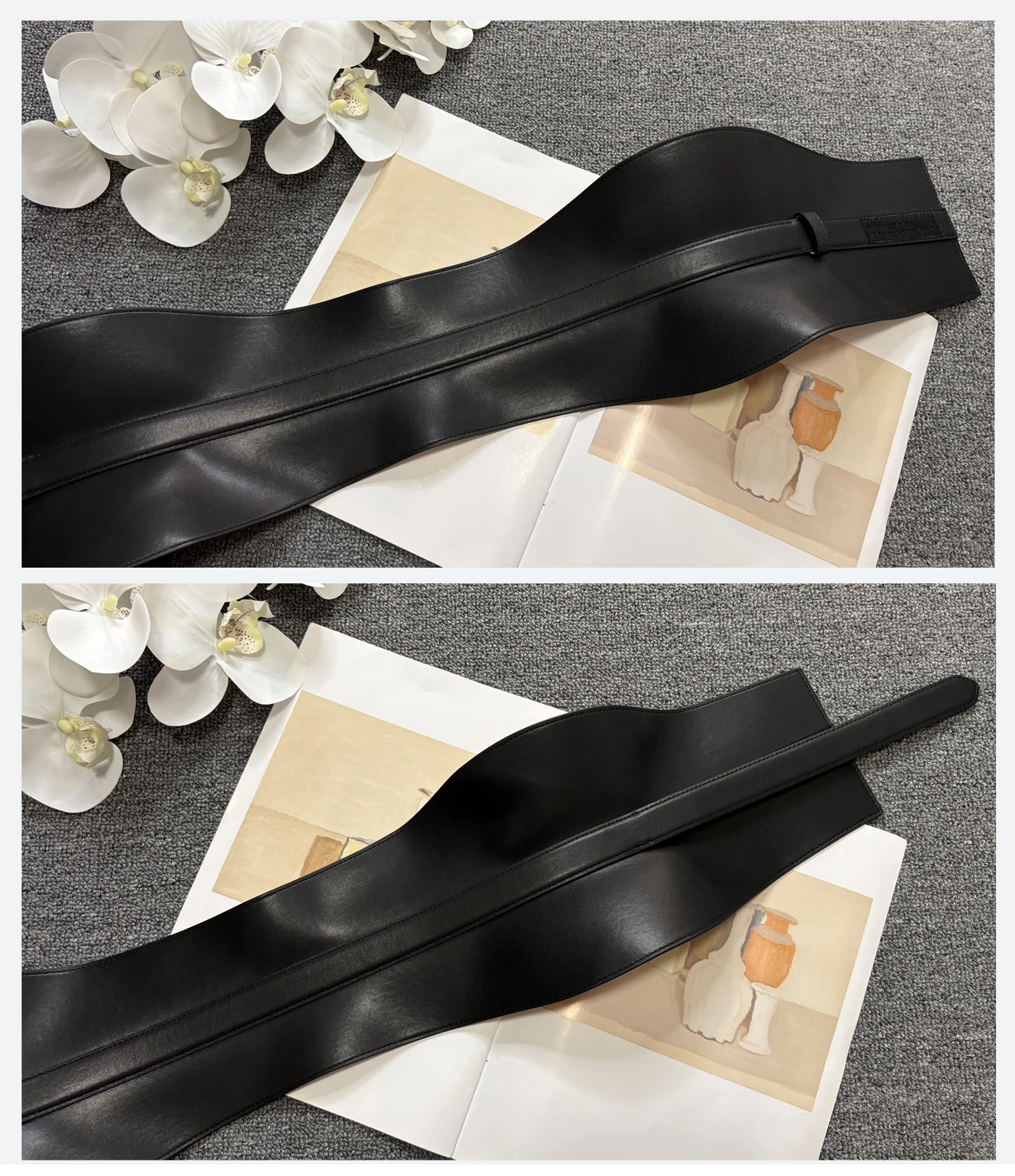 Minimalist Style Leather Belt with Hook & Loop Fastening, Wide Genuine Leather Women's Belt, Black Texture Wide Waistband