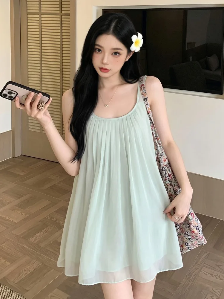 

Sexy Pure Desire U-Neck Waist-Cinching Belted Summer New Loose Slimming Pleated Chiffon Women's Vest City Walk Korean Style