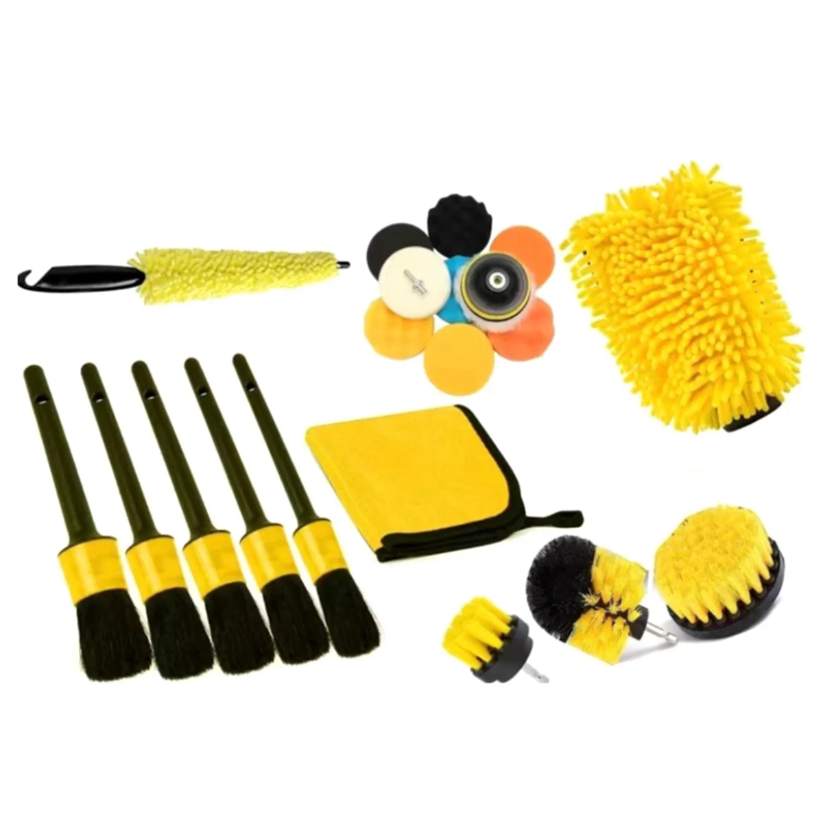 Yellow Electric Drill Set of 22 Cleaning Brush Car Wash Gloves Corn Tire Brush Car Wash Brush