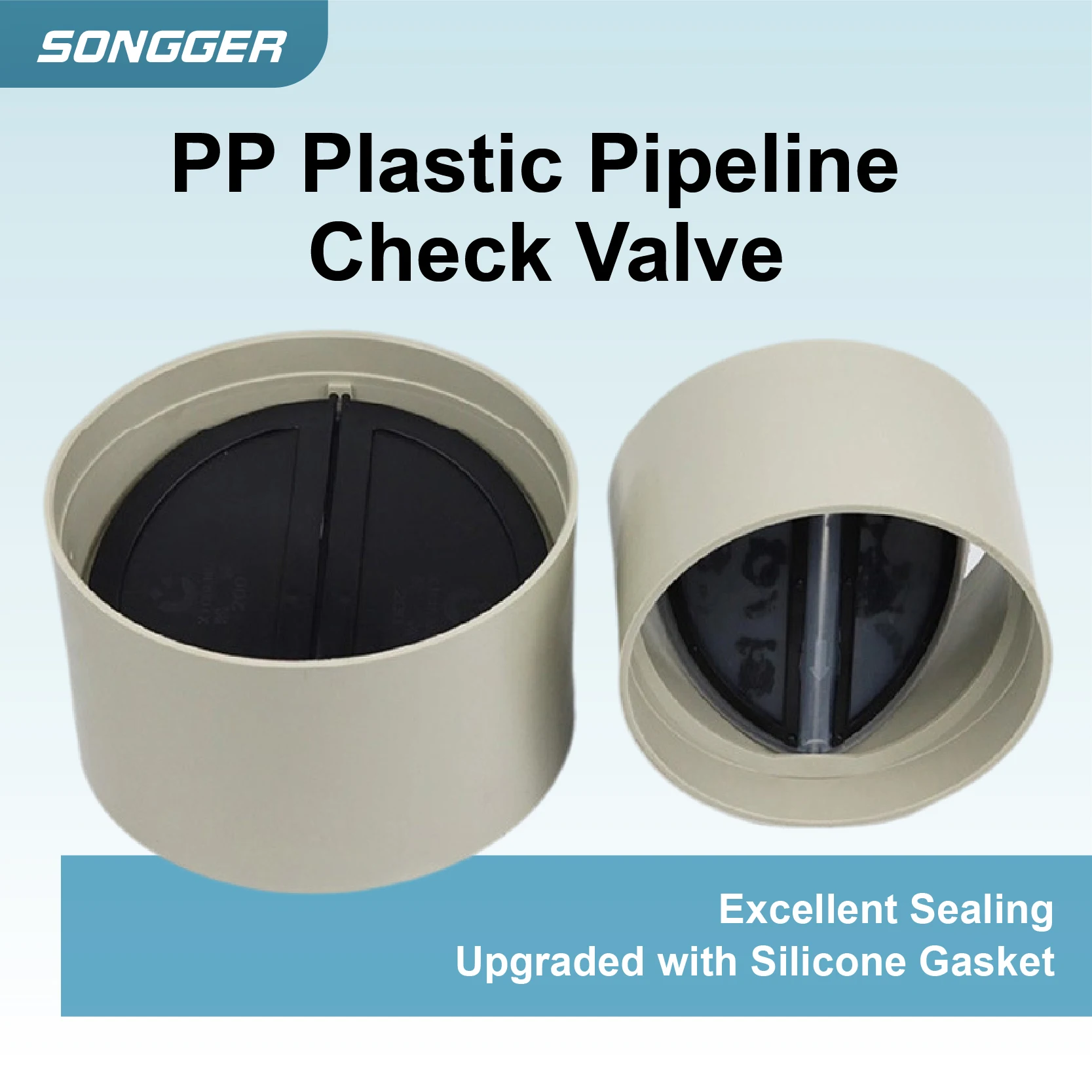 PP Dual-Flap Check Valve Plastic One Way Air Duct Non Return Valve 110/160/200mm for Pipe Ventilation and Fan Applications